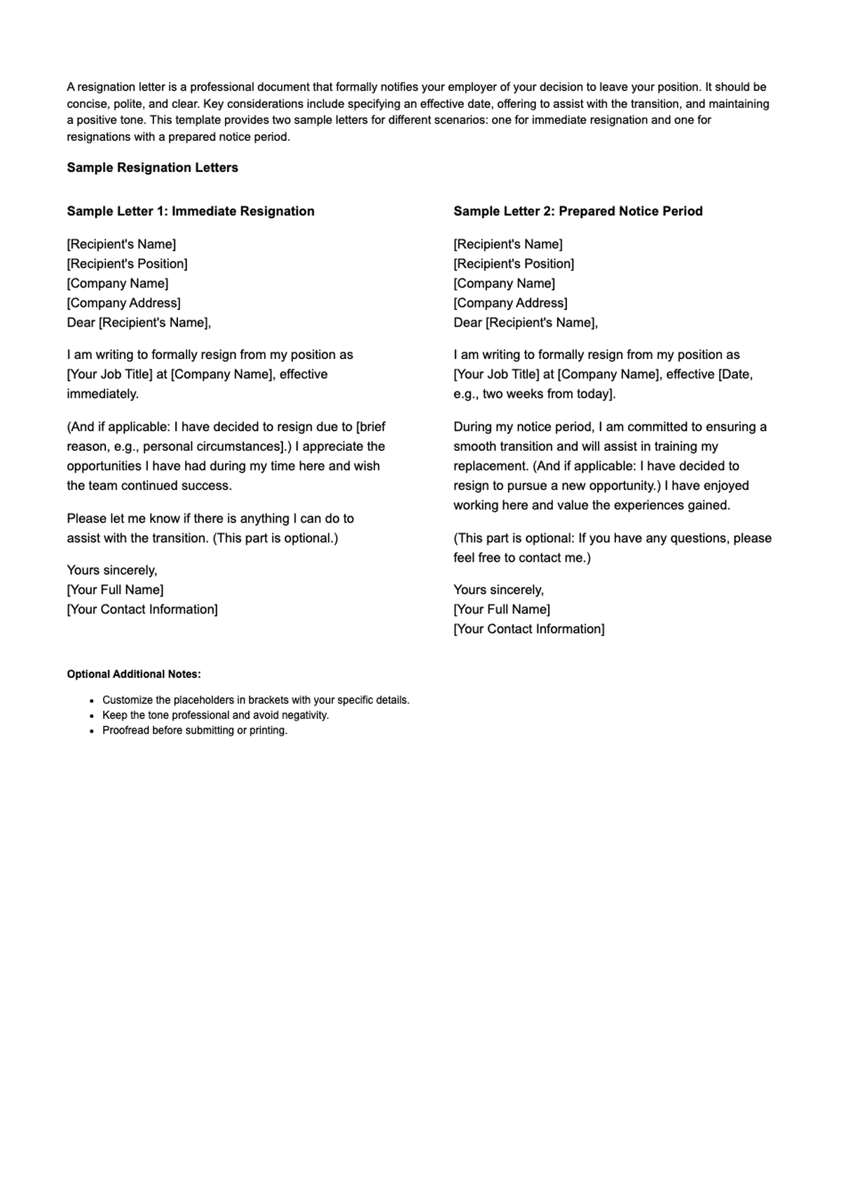 Professional resignation letter templates with sample formats for immediate and notice period_variant_1